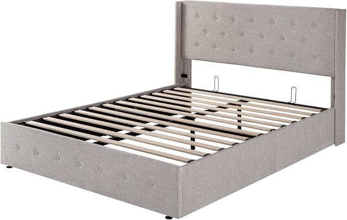 Allewie Full Size Lift Up Storage Bed, Button Tufted Headboard with Wingback, Hydraulic Support, No Box Spring Needed, Light Beige-Ruum Studio Home
