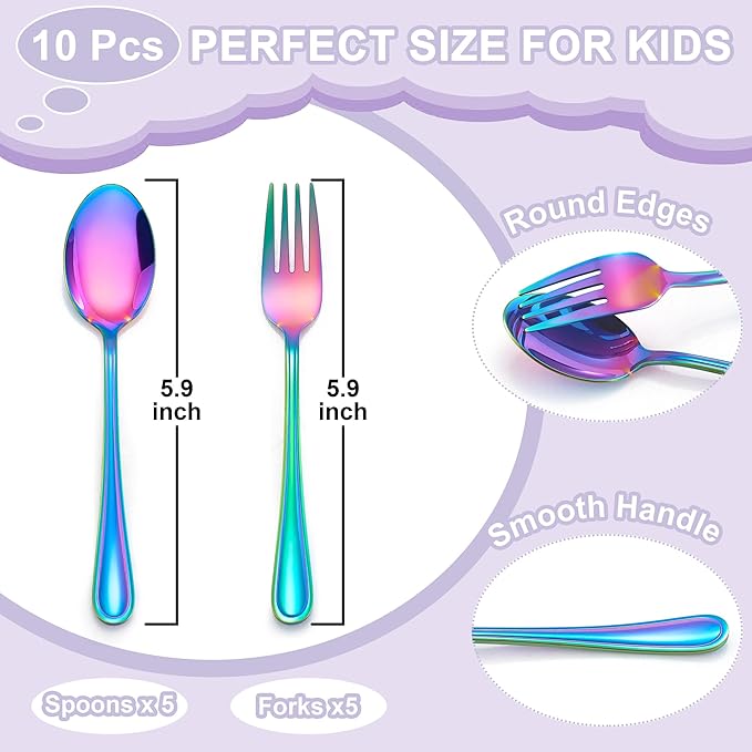 E-far 10-Piece Rainbow Toddler Utensils, Kid Stainless Steel Silverware Set, Children Safe Forks and Spoons Set for Self Feeding, Healthy & Non-Toxic, Mirror Polished & Easy to Clean-Ruum Studio Home