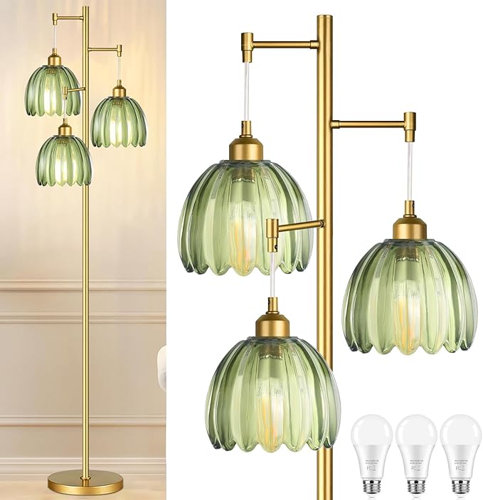 Gold Floor Lamp for Living Room,Bedroom,Mid Century Modern Standing Lamp Brass Tree 3 Light Tall Floor Lamps Vintage Retro Floor Lights Glass Green Flower Lamp Shade Farmhouse Boho Bohemian-Ruum Studio Home