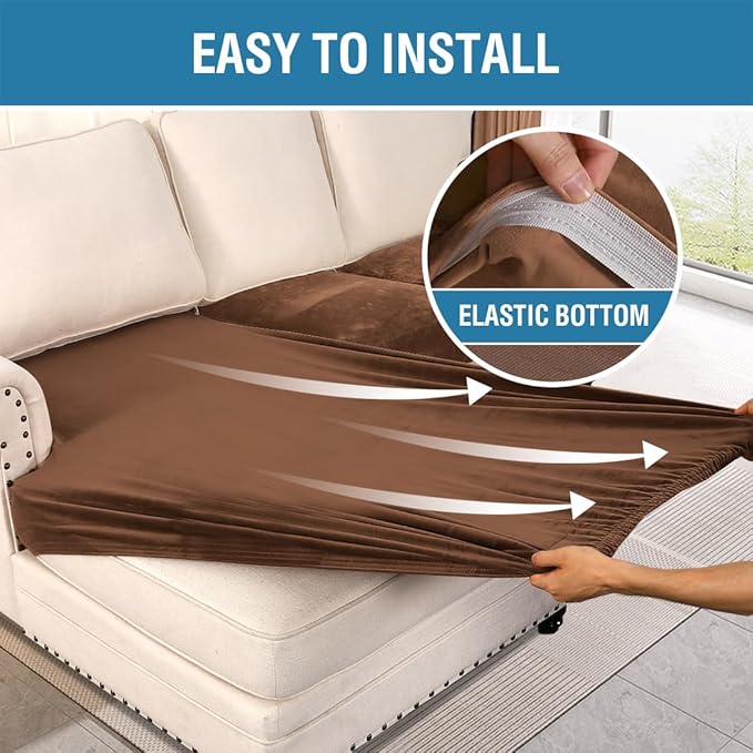 H.VERSAILTEX Velvet Stretch Sectional Couch Covers 4 Pieces Sofa Seat Cushion Covers L Shape Separate Cushion Couch Chaise Cover for Both Left/Right Couch (Large Sofa 3 Seater + 1 Chaise, Caramel)-Ruum Studio Home