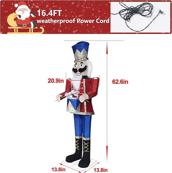 5FT Lighted Nutcracker with Drum for Christmas Decoration, Pre-Lit 3D Iridescent Soldier Xmas Decor with 100 Warm White Lights, Glittered Standing Holiday Display for Outdoor, Indoor-Ruum Studio Home