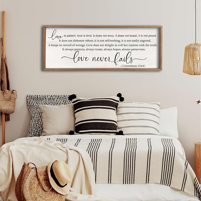 flowtorely Love is Patient, Kind Wall Art Decor 40"X15" Sign 1 Corinthians 13 Bedroom Above Bed Wall Decor Large Bible Verse Quote Scripture Christianity Hanging Sign (Wood)-Ruum Studio Home