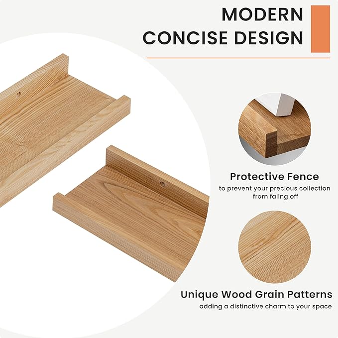 Solid Ash Wood Picture Ledge Shelf, Floating Shelves Set of 2, 56 Inch Long Large Ledge Shelves, Nursery Book Shelves Wall Mounted for Living Room Bedroom Kitchen Decor Kids Bookshelf, Natural-Ruum Studio Home