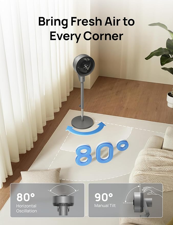 Dreo Fan for Bedroom, 80° Oscillating Standing Fan, 25dB Quiet, 80ft Pedestal Fans for Home Office, 90° Manual Vertical, 3 Speeds, Remote, 34-41" Adjustable Height, Air Circulator-Ruum Studio Home