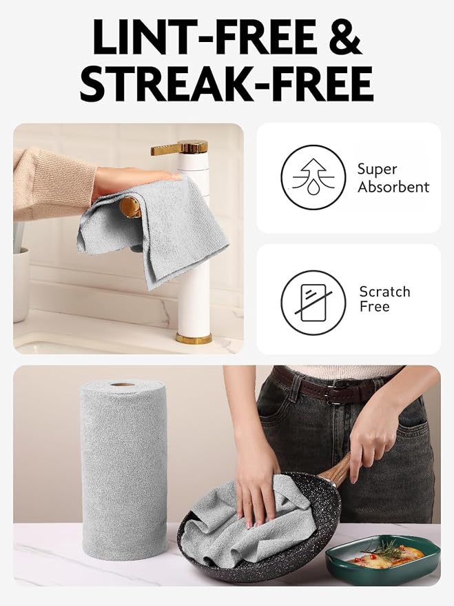 Fantasticlean Microfiber Cleaning Cloth Roll -75 Pack, Tear Away Microfiber Towels, 12" x 12", Reusable, Washable, Scratch Free, Ultra Absorbent Dish Rags for Car, Home, Garage or Shop (Grey)-Ruum Studio Home