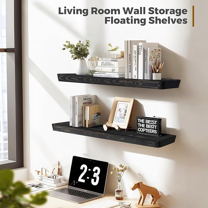 36"x6.8"x1.6" Slanted Floating Wall Shelves 2-Pack - Rustic Black Finish, Heavy-Duty Solid Wood Design with Hidden Brackets - Perfect for Living Room, Kitchen, Bathroom, or Office-Ruum Studio Home
