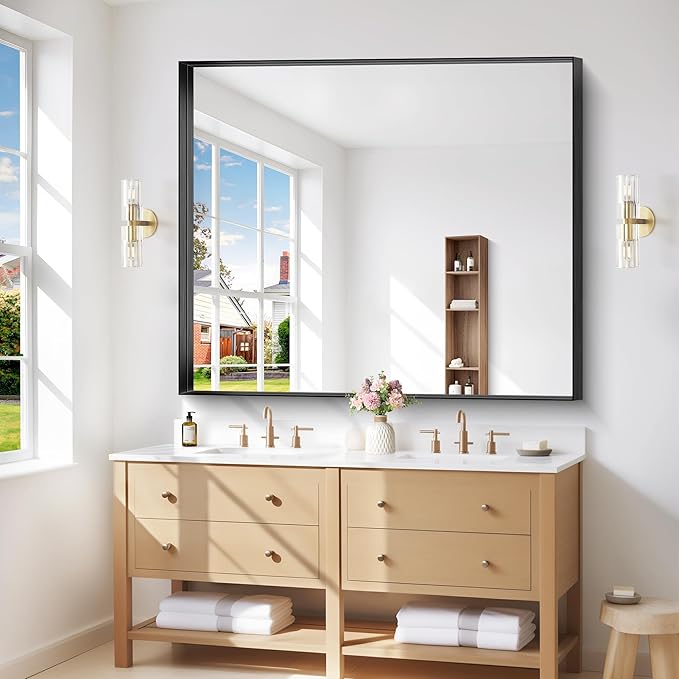 Black Bathroom Mirror, 40x48 Inch Rectangular Framed Mirror, Large Wall Mounted Bathroom Vanity Mirror Over Sink for Bedroom,Restroom, Living Room, Hangs Vertically or Horizontally-Ruum Studio Home