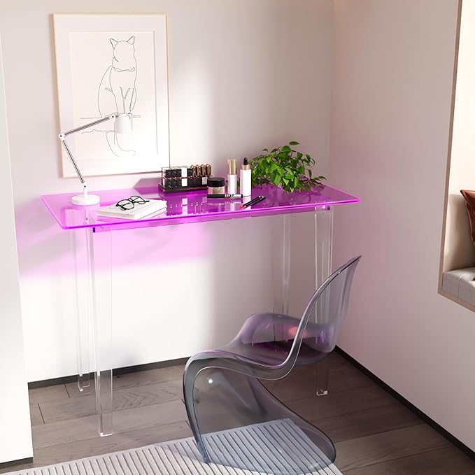 Acrylic Desk, Modern Study Table for HomeOffice-Extended Surface Multi-Purpose Console & EntrywayTable, Sturdy Lightweight Design（(42.5-inch, Pink)-Ruum Studio Home