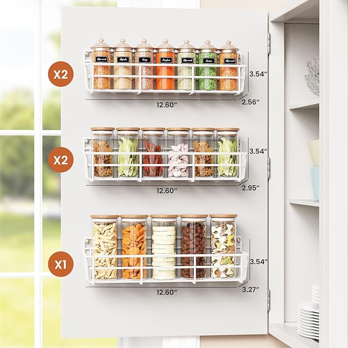 5 Pack Spice Rack Seasoning Organizer Wall Mount, Screw or Adhesive Hanging Shelf Basket Spice Organizer Shelf for Kitchen, White-Ruum Studio Home