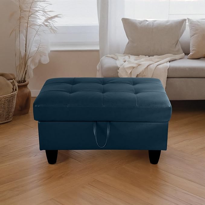 Ottoman Rectangular Storage Ottoman Bench, Faux Leather Footrest, Coffee Table, Stool Footstool with Hinged Lid for Living Room, Bedroom, Entryway, Dark Blue, 35"x23.5"x17.5"-Ruum Studio Home