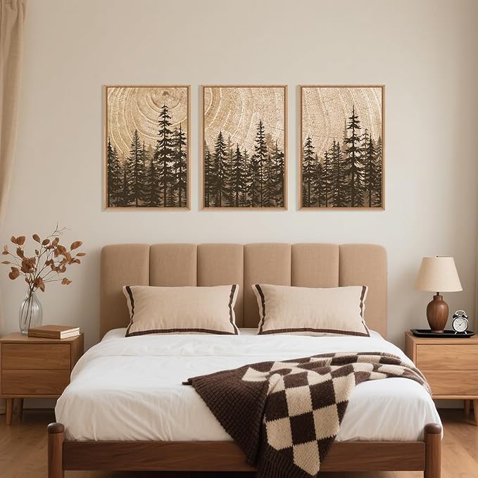 Celestdeco Pine Tree Framed Canvas Wall Art Set, Natural Woodland Landscape Wall Decor, Large Retro Forest Painting, Vintage Brown Artwork for Living Room, Bedroom, Kitchen, Study, Office - 24"x36"x3-Ruum Studio Home