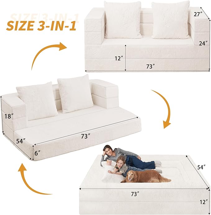 Folding Bean Bag Chair for Adults,3-in-1 Bean Bag Couch Faux Fur Floor Sofa Large Beanbag Convertible Bean Bag Sofa Bed with Pillow in Bedroom,Living Room,Apartment(Queen,Milky White)-Ruum Studio Home