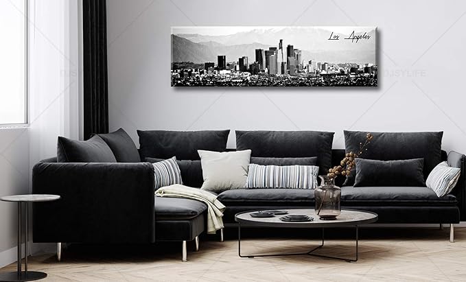 DJSYLIFE Los Angeles Skyline Wall Art Black and White USA Panoramic Cityscape Picture Canvas Prints Artwork for Bedroom Men Room Office Decoration Painting Ready to Hang 13.8"x47.3"-Ruum Studio Home
