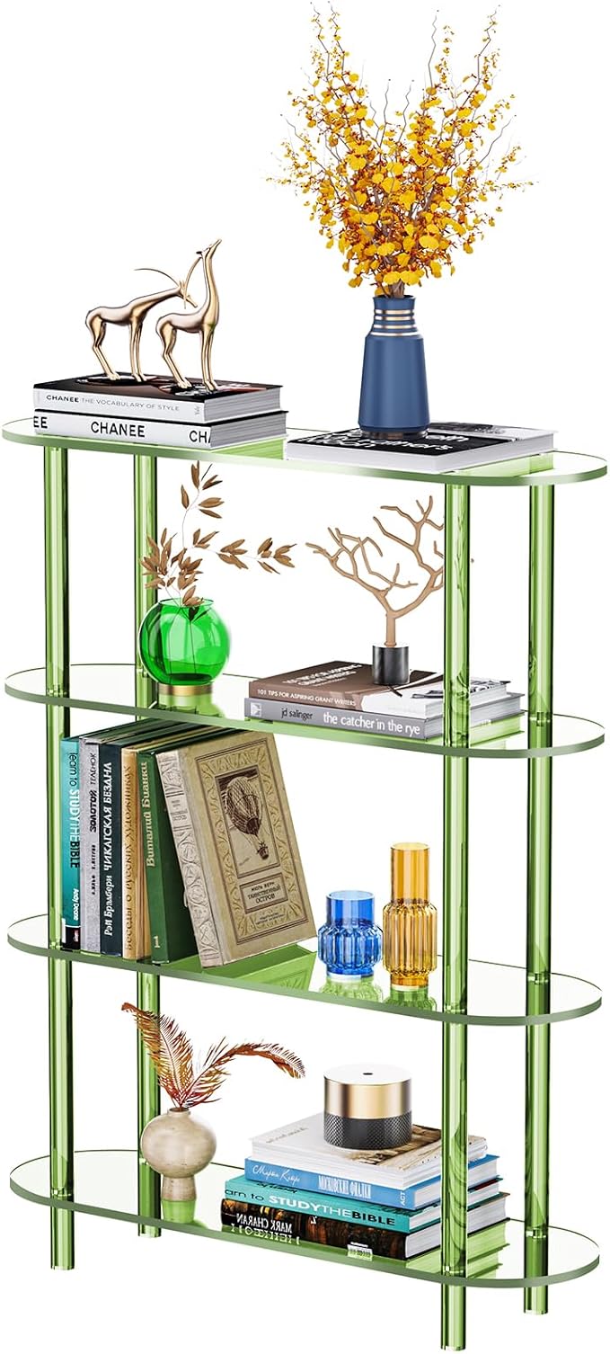 Clear Bookshelf, Acrylic Bookcase with Open Book Shelf Console Table for Entryway Office (4 Tier Green)-Ruum Studio Home