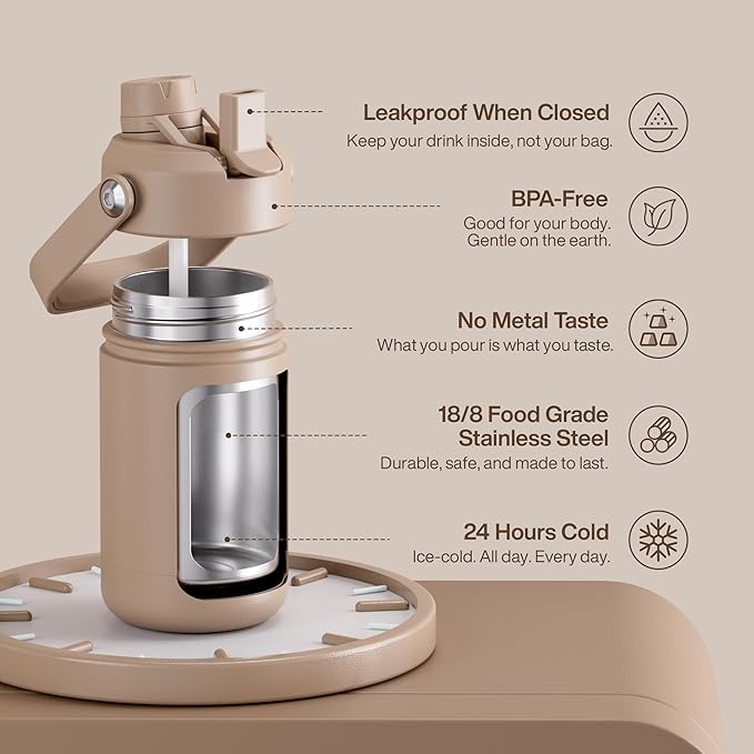 Kids Insualated Water Bottle with Straw - 12oz Stainless Steel Water Bottle with Dual Spouts, Leak-Proof, BPA-Free, Double Wall Vacuum Keeps Cold for 24 Hours for Sports, Travel, School (Raw Umber)-Ruum Studio Home