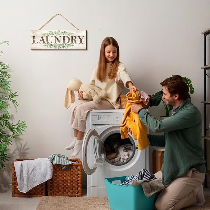 Laundry Sign Wall Decor, Kitchen Wall Art with Plant Print, Rustic Farmhouse Wall Hanging Plaque Home Kitchen Decorative (Laundry), 4.7 x 13.7 inches-Ruum Studio Home