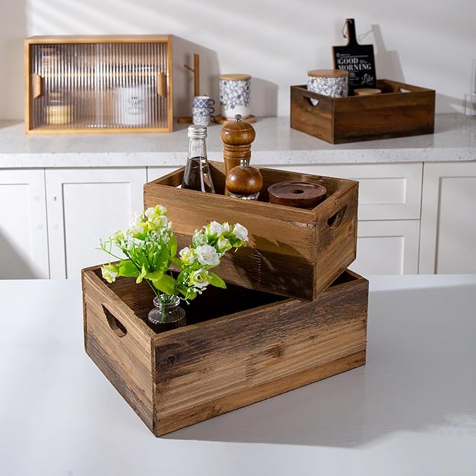 TIMRIS Set of 3 Rustic Distressed Wood Nesting Crates, Farmhouse Decorative Wooden Storage Boxes, Vintage Reclaimed Wood Baskets for Display (Natural)-Ruum Studio Home