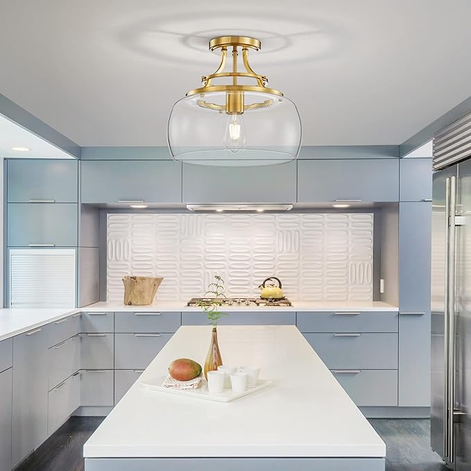 WUZUPS Chandelier Rustic Farmhouse Industrial Round Semi-flushmount Ceiling LED Light Fixture with Clear Glass Shades for Bathroom Kitchen Foyer Entryway, H 11.8" x W 13.4", E26 Base, Brushed Gold-Ruum Studio Home