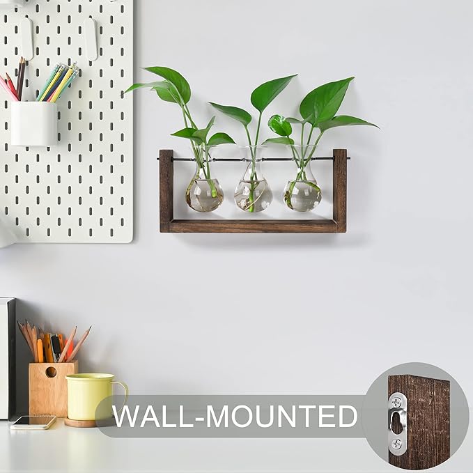 YIBOT Wall Hanging Planter Propagation Station, Plant Terrarium with Wooden Stand, Hydroponics Plants Home Office Living Room Decor Gift-3 Bulb Glass Vases-Ruum Studio Home