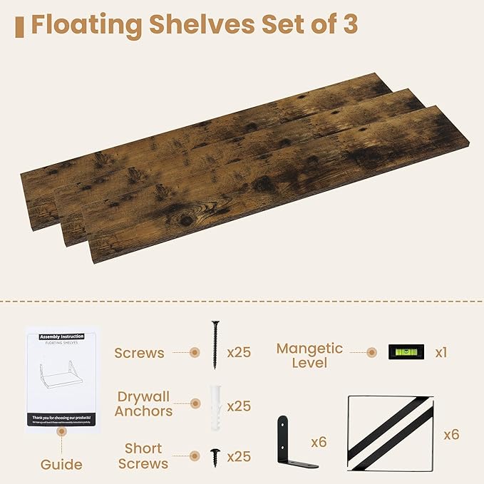 Heimlove 48 Inch Large Floating Bookshelves Set of 3,Rustic Brown Wood Wall Mounted Bookshelves,Heavy Duty Shelves for Living Room,Bedroom,Kitchen,Laundry Room Storage & Decor-Ruum Studio Home