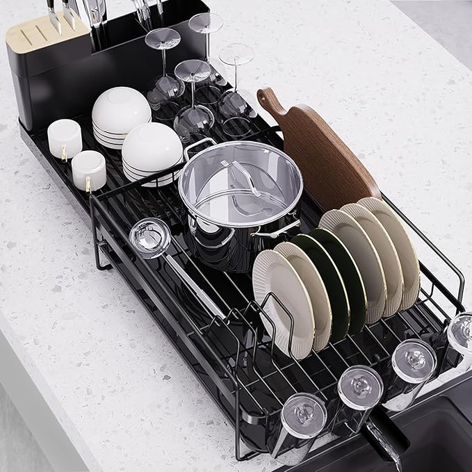 Runnatal Large Dish Drying Rack with Drainboard Set, Dish Rack, Extendable Dish Rack, Utensil Holder, Cup Holder, Expandable Dish Drainer for Kitchen Counter-Ruum Studio Home