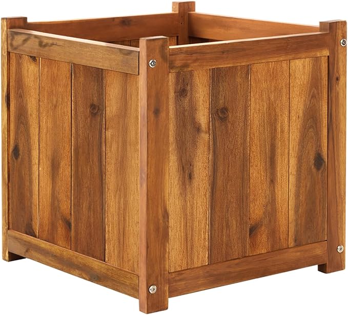 IDZO Acacia Wood Flower Planter Box for Outdoor Plants, 1pc Wooden Raised Garden Bed with Handles, Drainage Holes, Ideal for Garden and Home Décor, Light Cherry-Ruum Studio Home