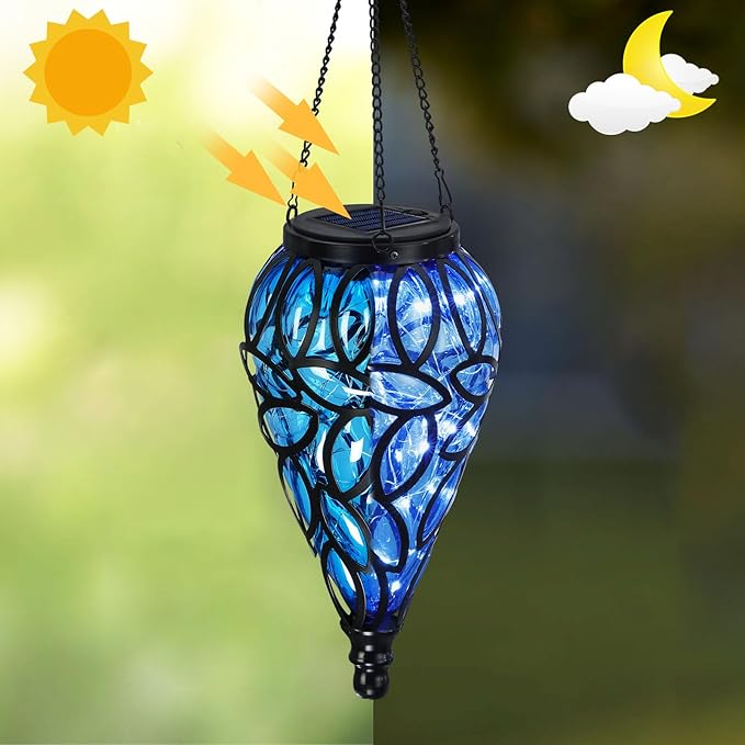 SUNNYPARK Outdoor Plastic Solar Hanging Lantern, 15 Cool White LEDs Twinkle Effect Tear-Shaped Hanging Lantern Decor Garden Decorative Solar Lights for Backyard, Patio and Lawn-Ruum Studio Home