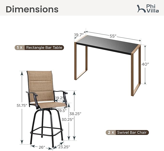 PHI VILLA 3 Piece Outdoor Bar Set, Bar Height Patio Table and Chairs with Brown Padded Textilene Fabric & Rustproof Metal Frame for Backyard, Balcony, Garden & Poolside-Ruum Studio Home