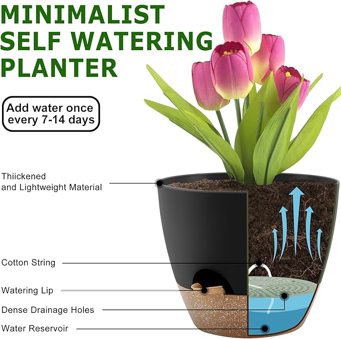 Plant Pots 12/10/9 Inch Self Watering Pots, Set of 3 Plastic Planters with Drainage Holes and Saucers,Plastic Flower Pots,Nursery Planting Pot for Indoor Out Door Plants(Black)-Ruum Studio Home