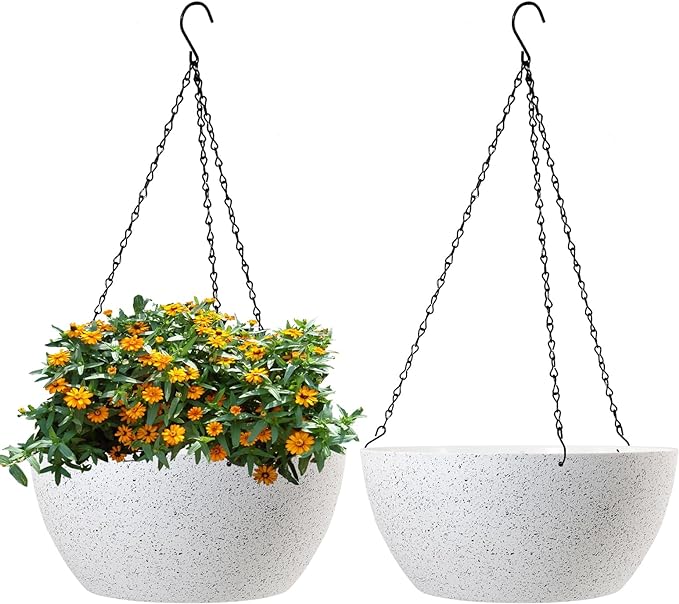 13 inch Large Hanging Planters Plant Pots for Outdoor Indoor Plants with Drainage Holes and Chain, 2 Pack Round Hanging Flower Pots for Garden Home Porch Decor, Speckled White-Ruum Studio Home