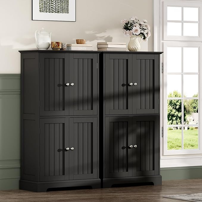 ChooChoo Bathroom Floor Cabinet, Modern Bathroom Storage Cabinet with 4 Doors and Adjustable Shelves, Freestanding Cupboard for Living Room, Black-Ruum Studio Home