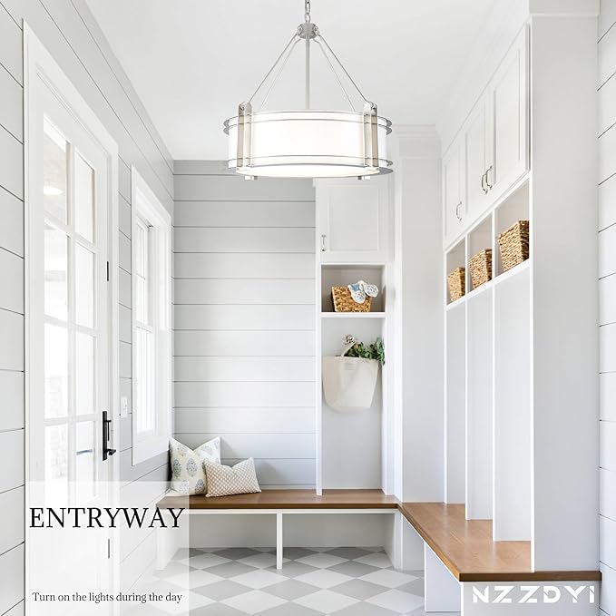 20.4''Drum Chandelier,5-Light Brushed Nickel Modern White Fabric Chandeliers,Farmhouse Round Pendant Light Fixture for Dining Room Kitchen Island Living Room Bedroom Hallway-Ruum Studio Home