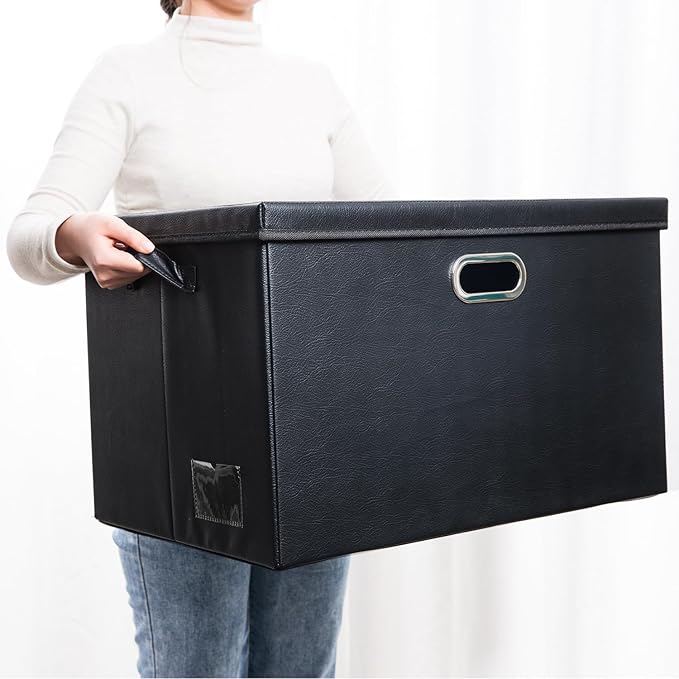 PRANDOM Extra Stackable Storage Bins with Lids [3-Pack] Leather Fabric Foldable Storage Boxes Organizer Containers Baskets Cube with Cover for Bedroom Closet Office Nursery Black (22.8x15.7x13.8)-Ruum Studio Home