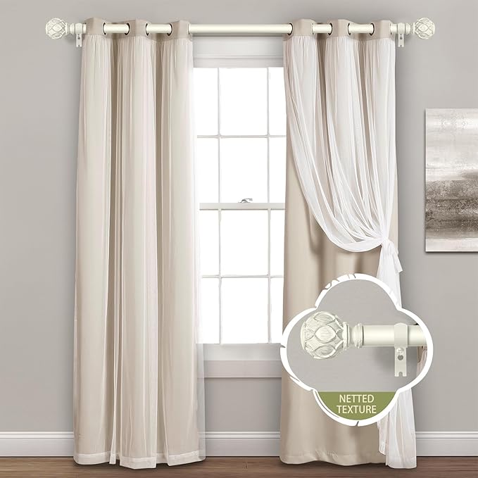 White Farmhouse Curtain Rods for Windows:36-88" Heavy Duty Adjustable Curtain Rod for Bedroom Living Room,Boho Decorative Rustic Drapery Rods with Vintage Coastal Texture Finials,Antique White-Ruum Studio Home