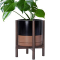 D'vine Dev Ceramic Planter with Walnut Color Stand - 12 Inch Modern Round Flower Pot with Wood Planter Holder, Black/Speckled Tan, 55-B-W-7-Ruum Studio Home