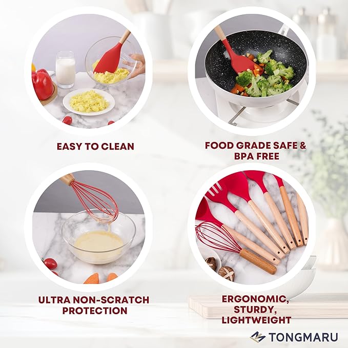 Silicone Cooking Utensils Set, Premium Beech Wood Handle Kitchen Gadgets Utensil Set, Non-Stick Kitchen Utensils Spatula, Tongs, Turner, Whisk, Brush, Spoon, BPA FREE, 446°F Resistant (Red)-Ruum Studio Home