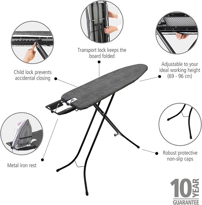 Brabantia Size A Compact Small Ironing Board (43x12 in) 7 Height Options, Adjustable Steam Iron Rest Holder (Denim Black) Non-Slip Feet, Anti-Collapse Child Locks-Ruum Studio Home
