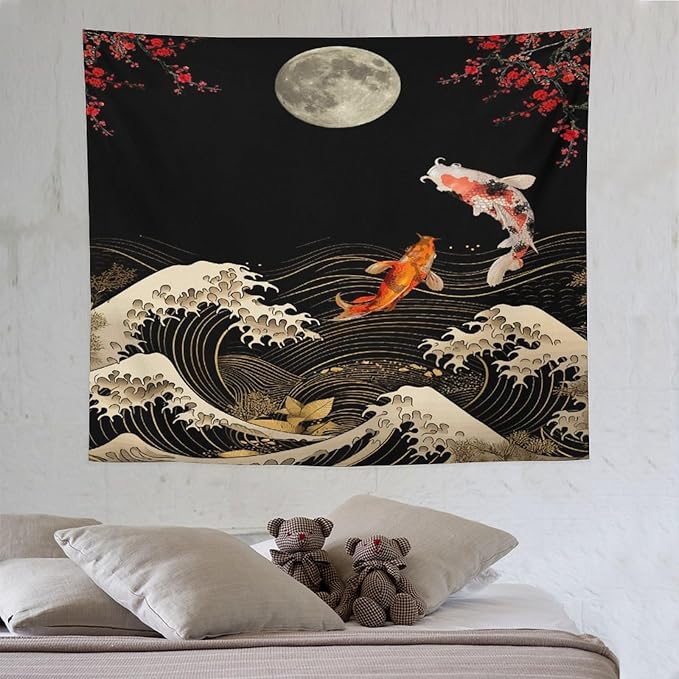 Houselerax Koi Fish Tapestry, Japanese Style Yin Yang Big Wave Cherry Blossom Tapestries Wall Hanging for Bedroom Living Room Office Decor 60"x50"-Ruum Studio Home