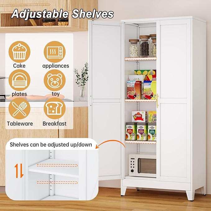 Metal Pantry Cabinet with 2 Doors and Adjustable Shelves - 61" Kitchen Storage Cabinet with Gold Handles - Versatile Storage for Kitchen, Bathroom, Dining Room, Utility Room - White-Ruum Studio Home