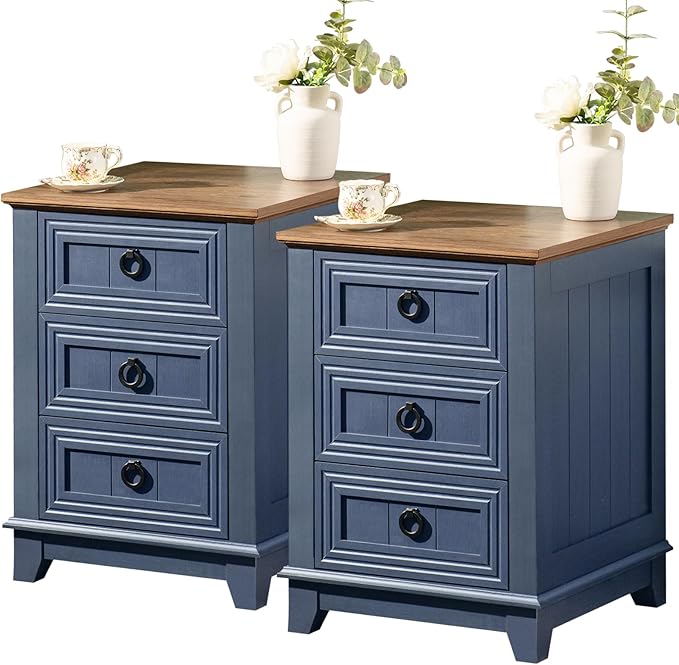 Night Stand Set of 2, Farmhouse 18" End Table with 3 Drawer Metal Handle, Dresser for Bedroom, Sofa Bed Side Table Chest of Drawers,Wood Nightstand Cabinet for Organizer, Living Room-Blue-Ruum Studio Home