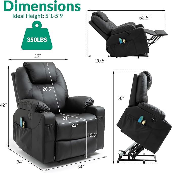 VIVIJASON Power Lift Chair Electric Recliner for Elderly Heated Vibration Massage Faux Leather Recliner Chair with 2 Remote Controls, Cup Holders, Side Pockets & USB Ports for Living Room (Black)-Ruum Studio Home