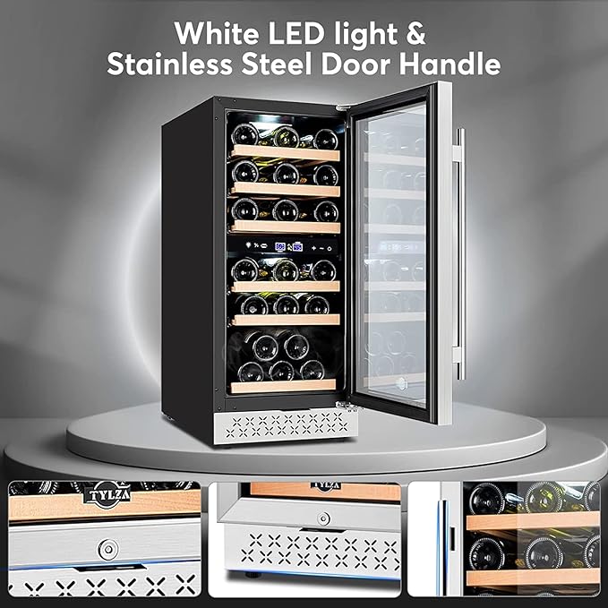 Tylza Mini Fridge 15 Inch Wine Cooler Under Counter, 33 Bottle Dual Zone Wine Fridge with Stainless Steel, Wine Refrigerator Freestanding, Built-in Wine Cellars-Ruum Studio Home