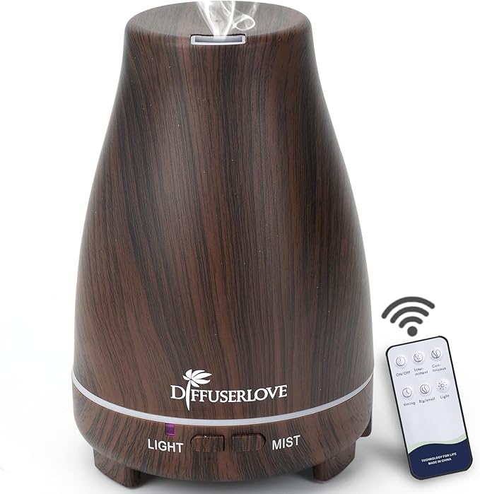 Diffuserlove Essential Oil Diffusers 200ML, Remote Control Aromatherapy Diffuser with 7 Color Lights, Auto Shut-Off for Bedroom Office Kitchen (Black Wood Grain)-Ruum Studio Home
