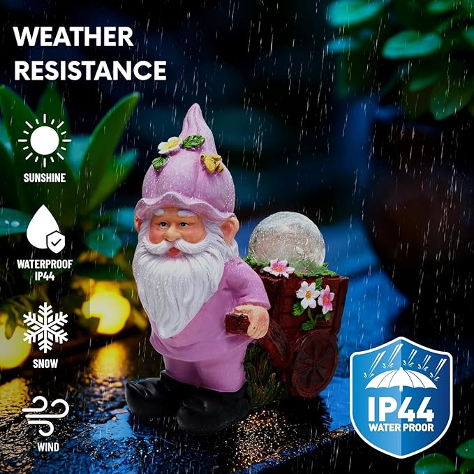 Solar Garden Gnome Statue with Crackle Glass Globe Lights, Waterproof Outdoor Decor for Patio, Lawn, or Yard, Whimsical Housewarming Gift(Pink Gnomes)-Ruum Studio Home