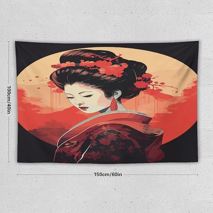 Japanese Woman Geisha Tapestry Asian Cherry Blossom Red Sun Traditional Kimono Folk Tapestries Home Decor for Living Room Bedroom Apartment Farmhouse Dorm 60"x40"-Ruum Studio Home