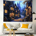LB Vintage Castle Tapestry, Night Street Old House and Green Tree Wall Tapestry for Bedroom Aesthetic, Village Gothic Wall Art for Living Room Dorm Home Decor Ready to Hanging, 60 x 40 Inches-Ruum Studio Home