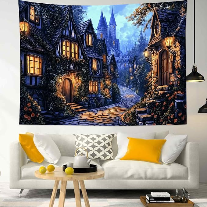 LB Vintage Castle Tapestry, Night Street Old House and Green Tree Wall Tapestry for Bedroom Aesthetic, Village Gothic Wall Art for Living Room Dorm Home Decor Ready to Hanging, 48 x 36 Inches-Ruum Studio Home