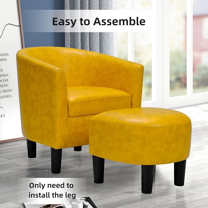 INZOY Modern Accent Chair with Ottoman for Small Space, Club Chair with Ottoman Set, Comfy PU Leather Barrel Reading Chairs for Living Room Bedroom, Round Reading Chair with Foot Rest, Yellow-Ruum Studio Home