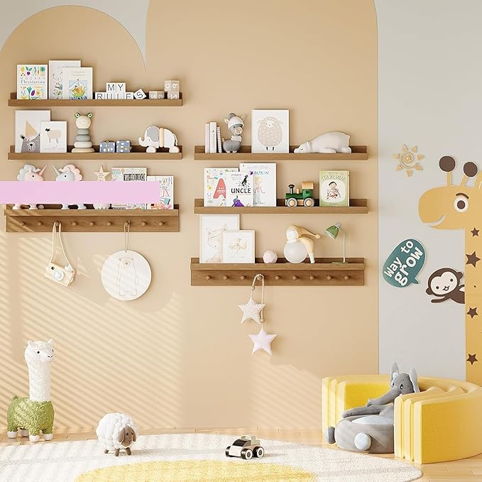 MBYD Floating Shelves 36 Inch, Nursery Book Shelves for Kids Room, Hanging Bookshelf with Hooks Set of 3, Light Walnut Wood Picture Ldge Shelving, Kitchen Wall Shelf Spice Rack for Bedroom Bathroom-Ruum Studio Home