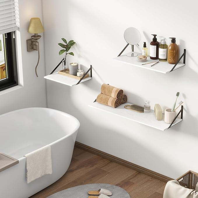 Deep Floating Shelves, 12 Inch Deep Floating Shelves for Wall, 24"W x 12"D Wall Shelves for Books, Rustic White Wooden Shelves, Large Wide Display Shelf for Bathroom, Living Room, Bedroom, Set of 2-Ruum Studio Home